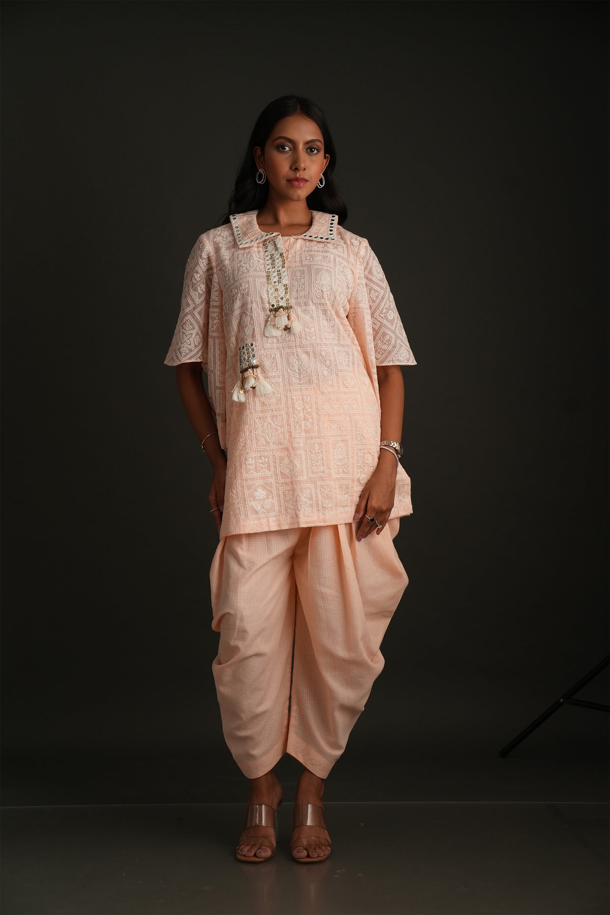 Peach Mirror Dhoti Set