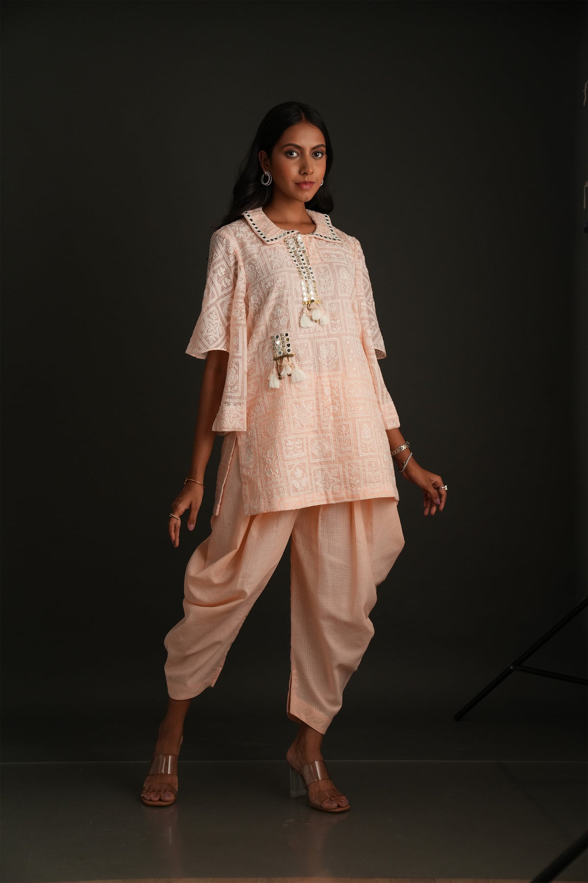 Peach Mirror Dhoti Set