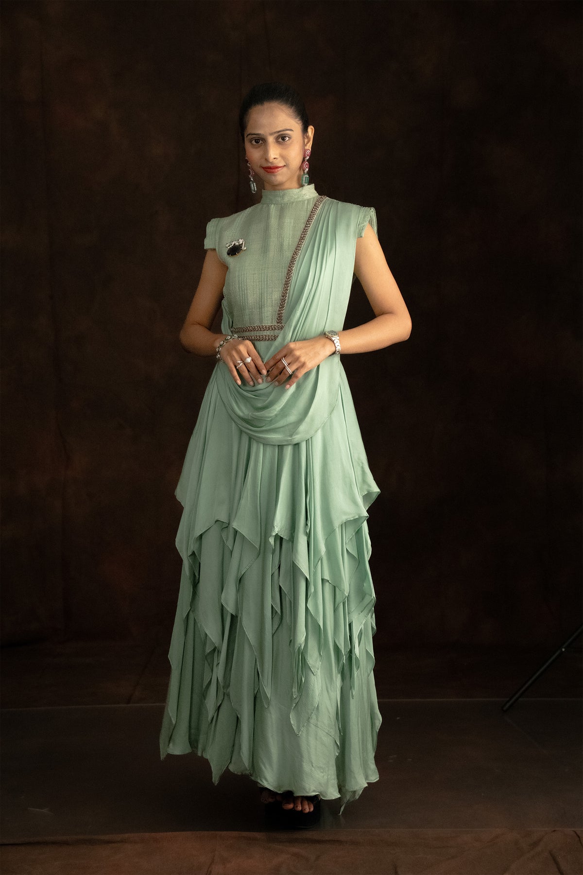 Sage Ruffle Saree Gown