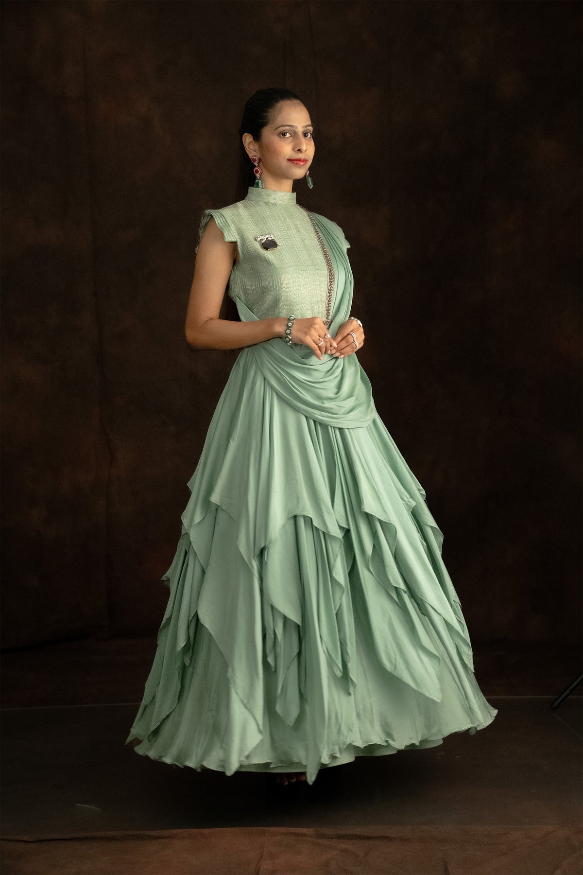 Sage Ruffle Saree Gown